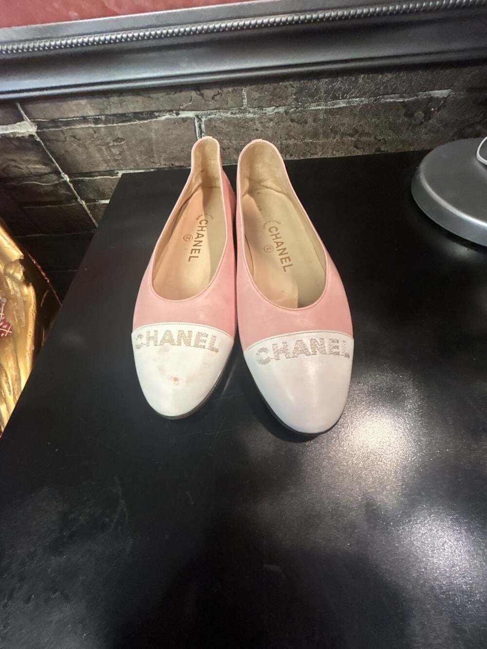 Chanel Vintage Pink and White Leather Logo Cap-Toe Ballet Flats